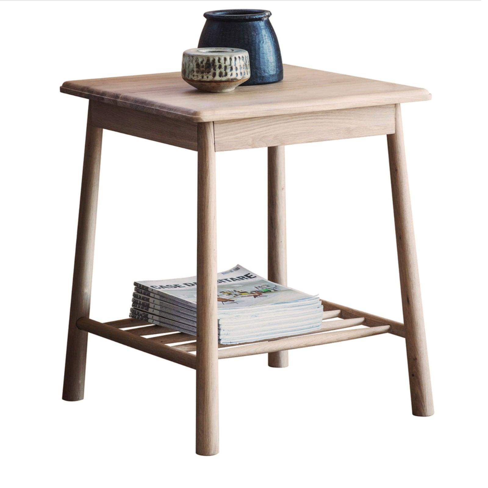 Light Oak Square Spindle Shelf Side Table - The Farthing