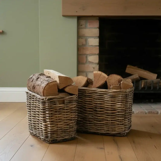 Set of 2 Rustic Large Rattan Rectangular Baskets
