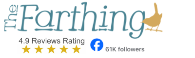 Logo and branding elements of 'The Farthing' with a rating and follower count displayed.