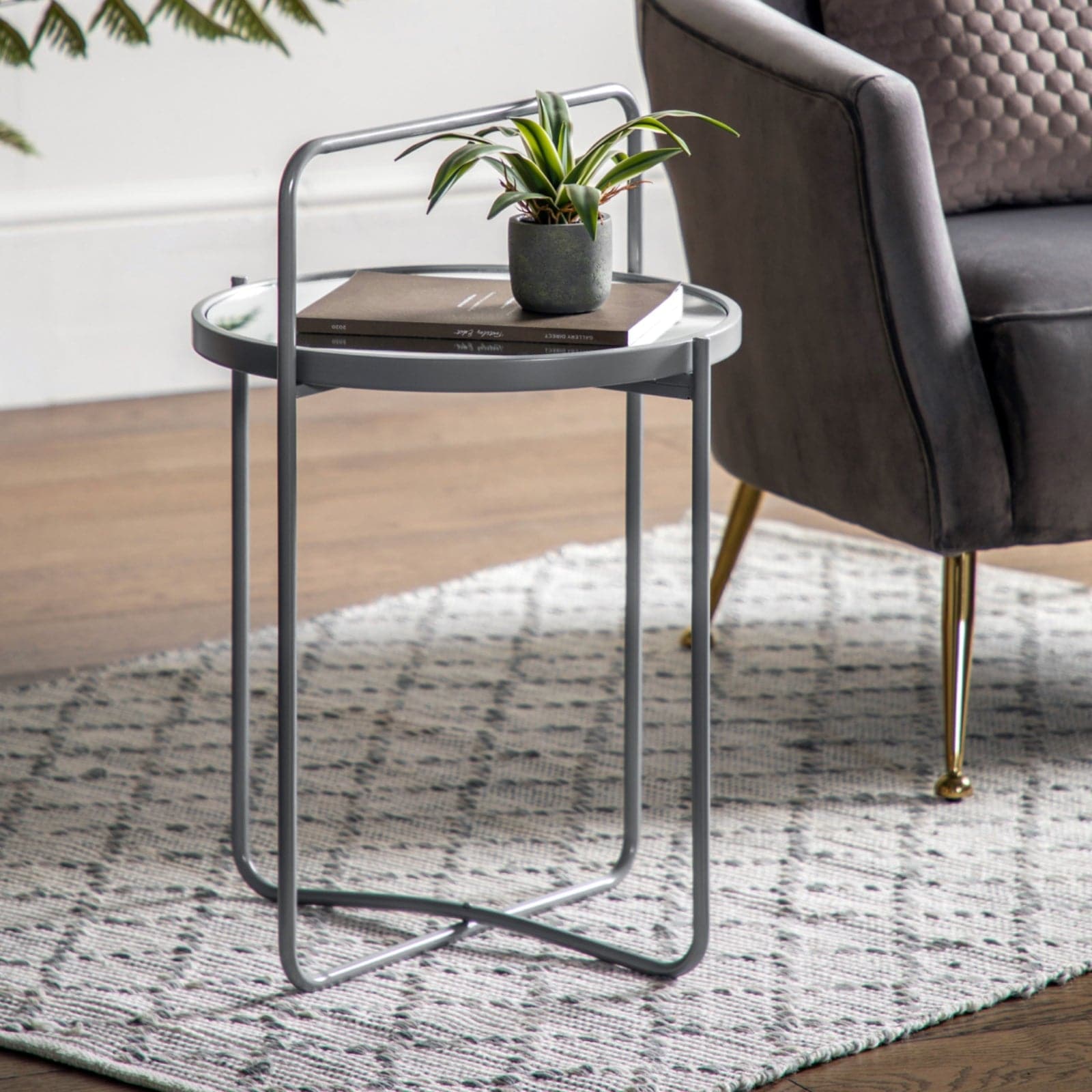 Looped Top Grey Metal Mirrored Side Table - The Farthing