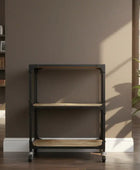 Black metal and wooden shelf against a brown wall with a plant and books in the background.
