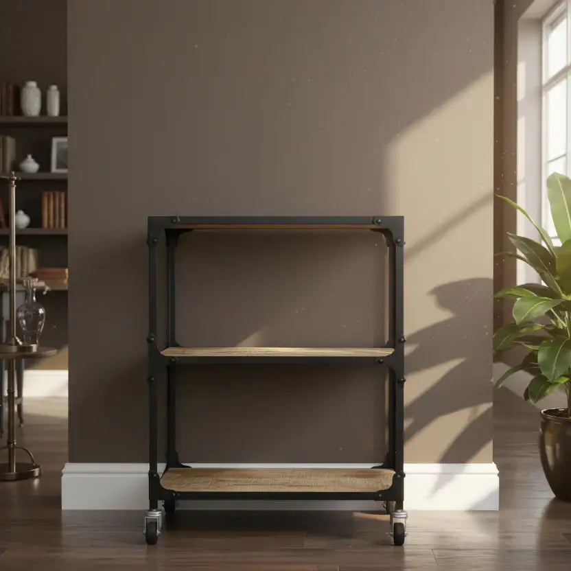 Black metal and wooden shelf against a brown wall with a plant and books in the background.