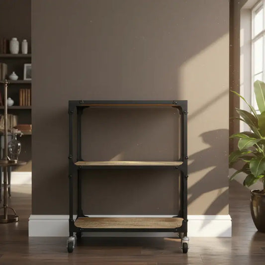 Black metal and wooden shelf against a brown wall with a plant and books in the background.