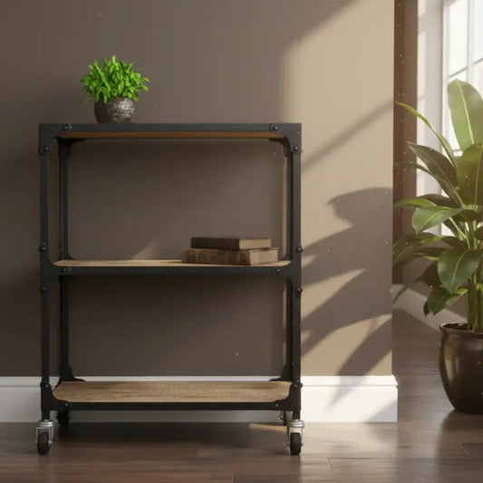 Bookshelf with wooden bottom shelf and metal frame in a room with plants and books.