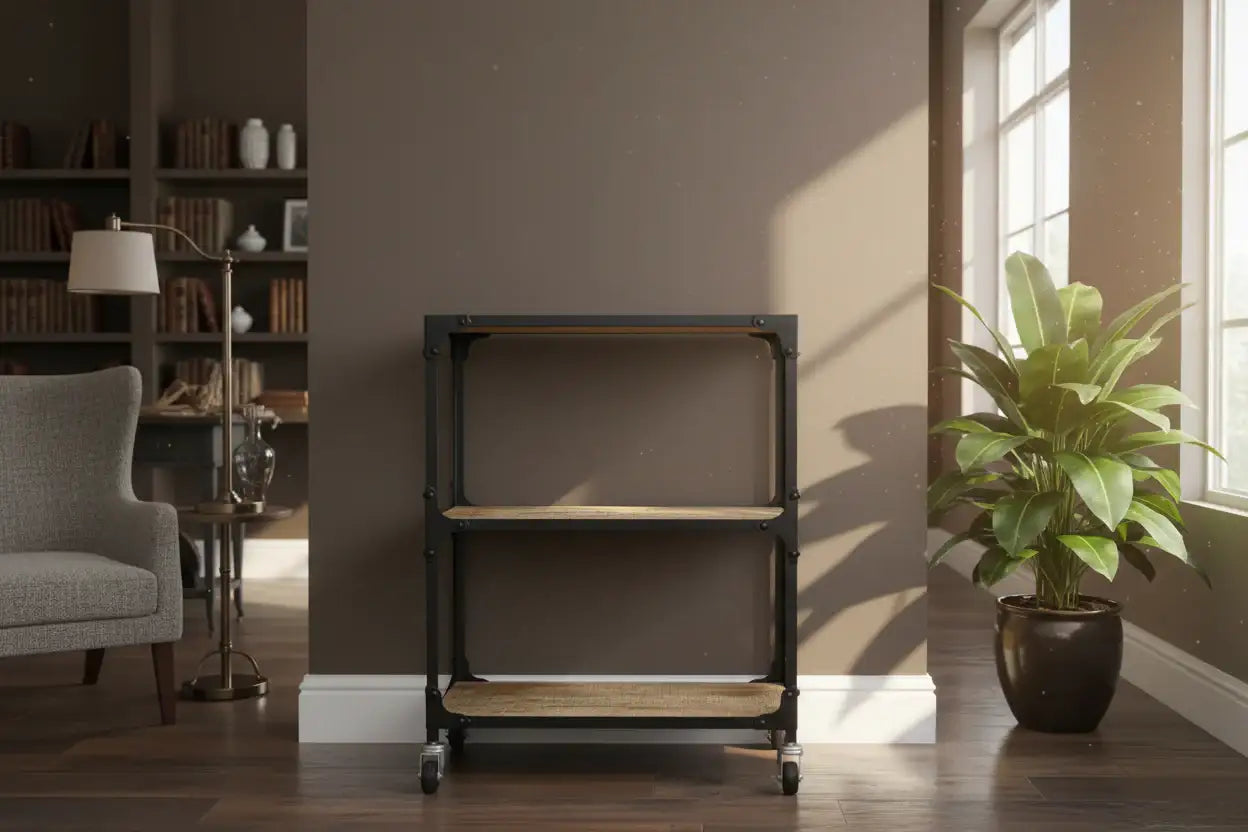 Modern bookshelf in a room with a plant and chair