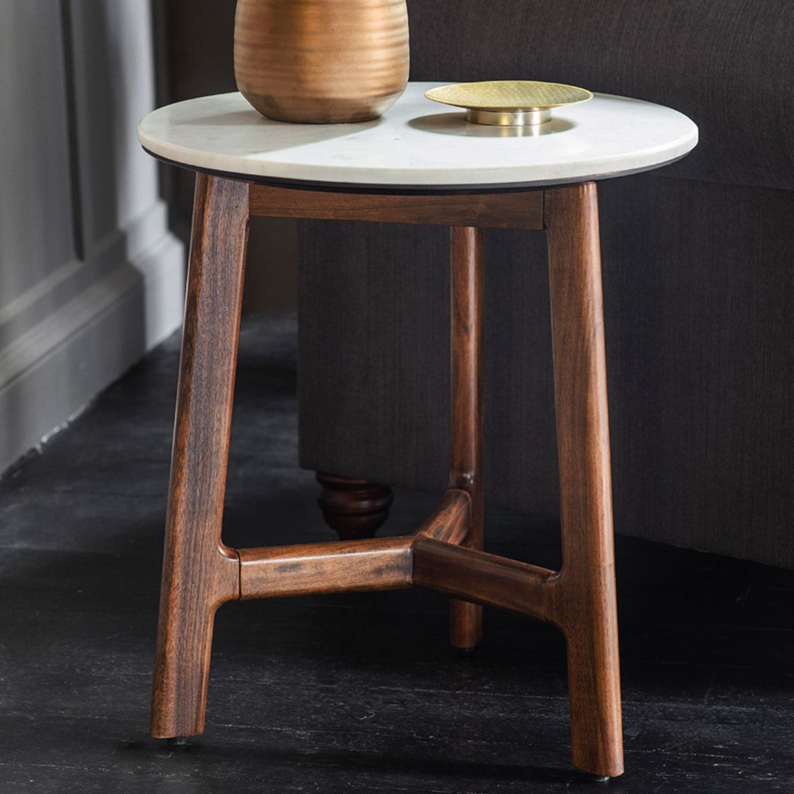Marble Topped Dark Wood Mid Century Side Table - The Farthing