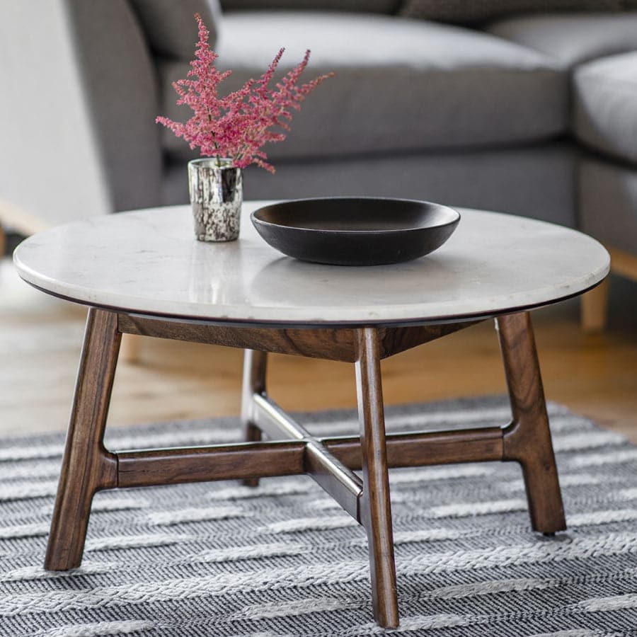 Marble Topped Mid Century Styled Dark Wood Coffee Table - The Farthing