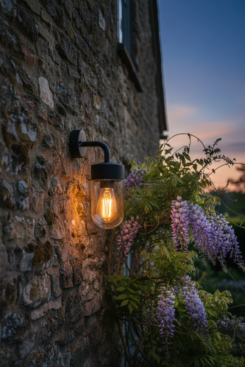 Wall-mounted light fixture on a stone wall with wisteria flowers in the foreground