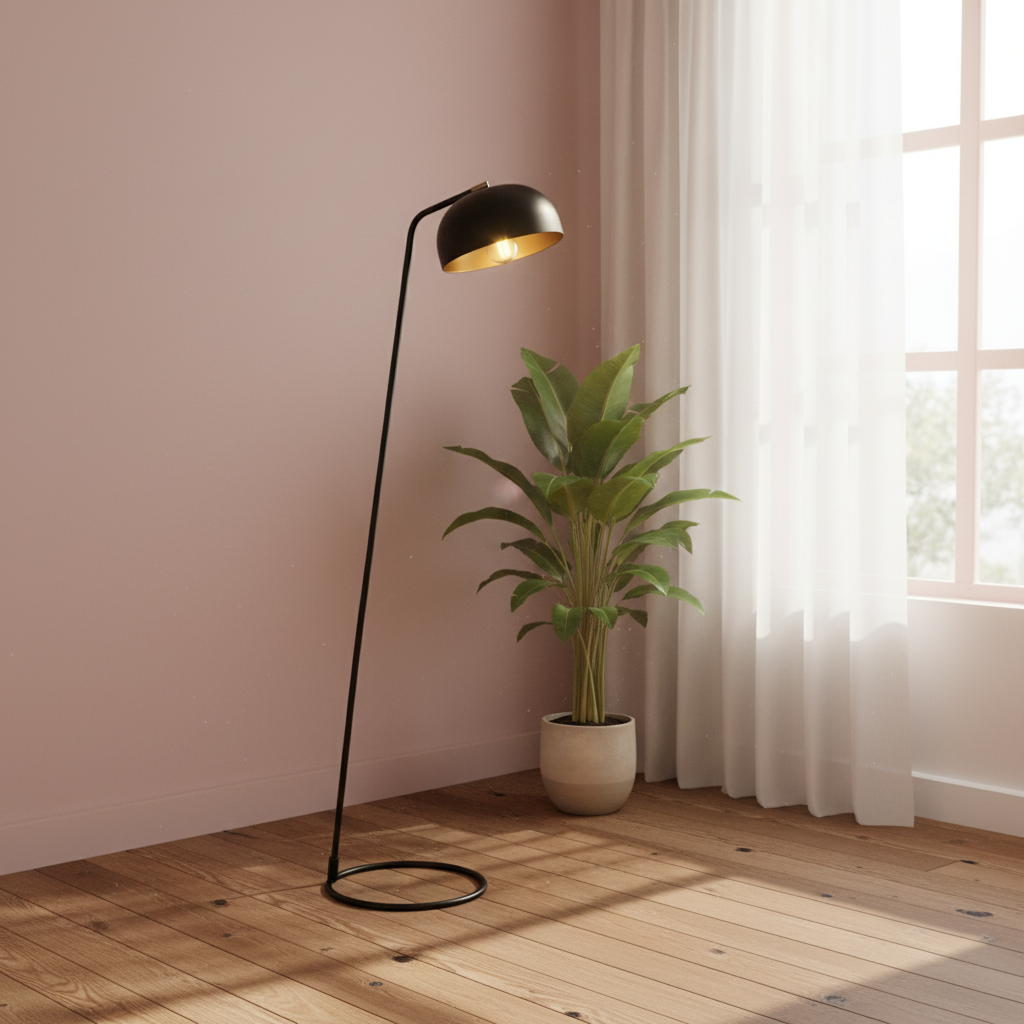 Modern floor lamp with a plant on a wooden floor in a room with pink walls and a window.