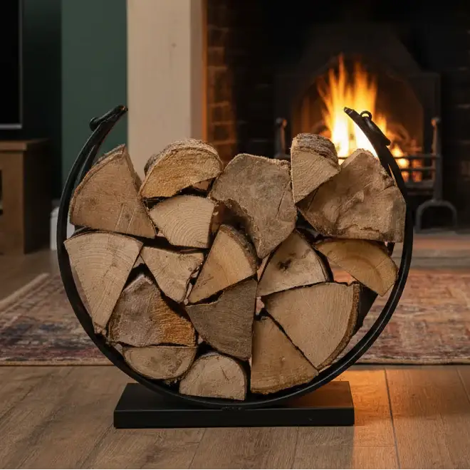 Firewood arranged in a circular metal holder in front of a burning fireplace.