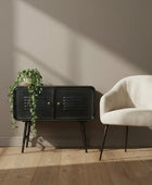 Black metal cabinet with two doors on a white background