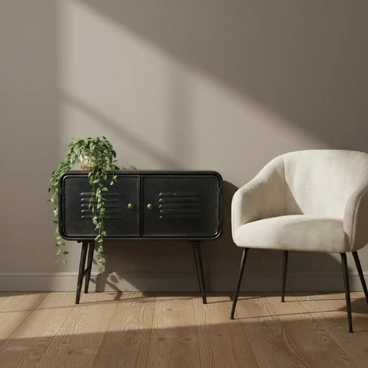 Black metal cabinet with two doors on a white background