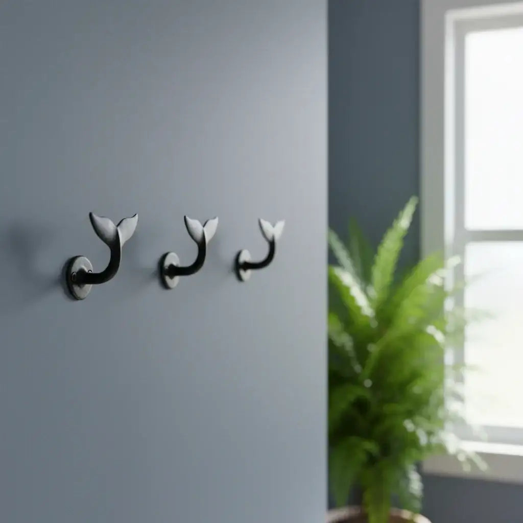 Three wall hooks on a gray wall with a plant in the corner