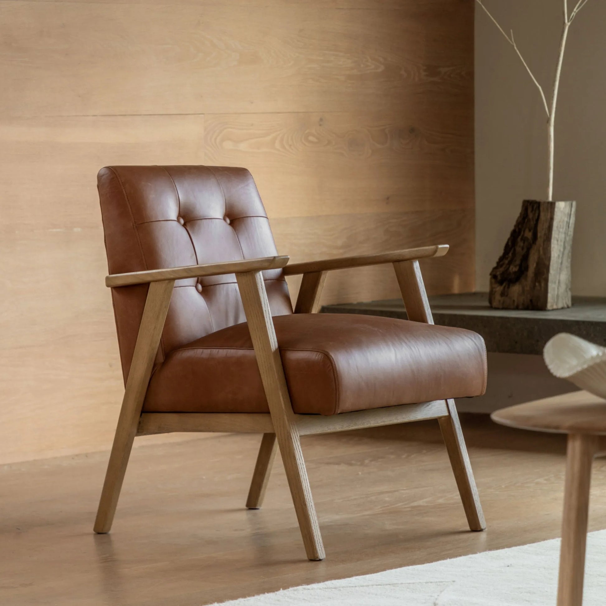 Mid Century Brown Leather Button Back Armchair - The Farthing