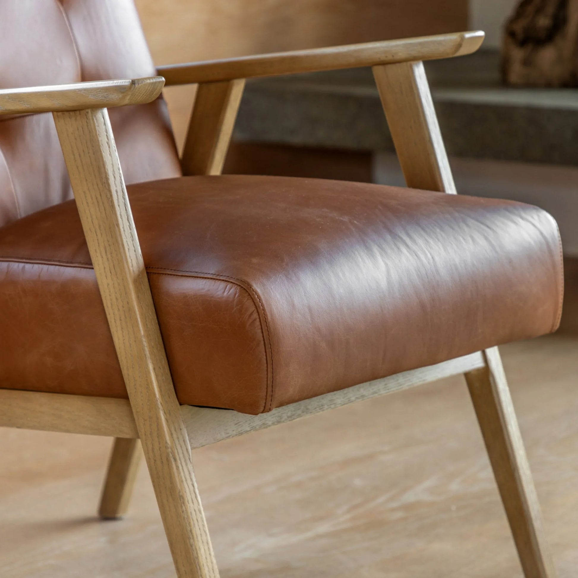 Mid Century Brown Leather Button Back Armchair - The Farthing