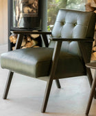 Mid Century Green Leather Button Back Armchair - The Farthing