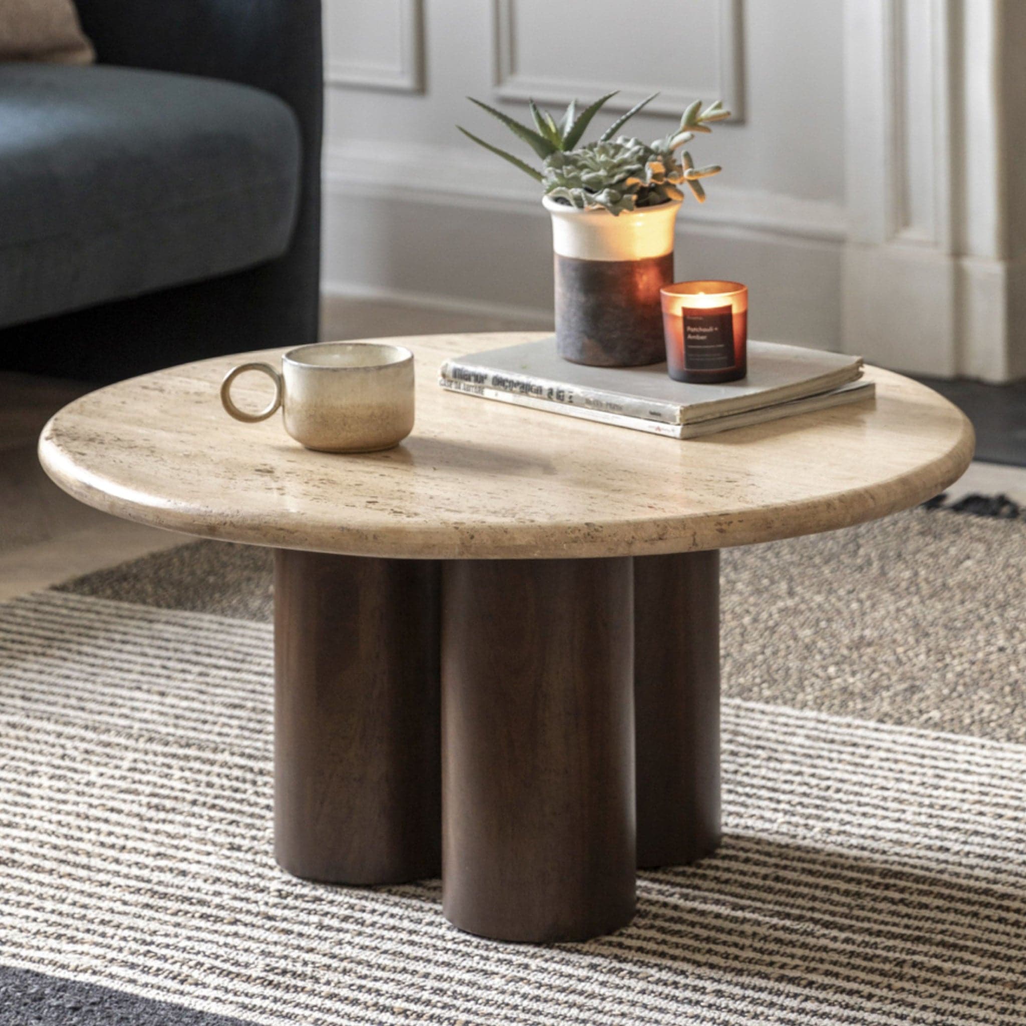 Mid Century Modern Inspired Coffee Table with Travertine Top - The Farthing
