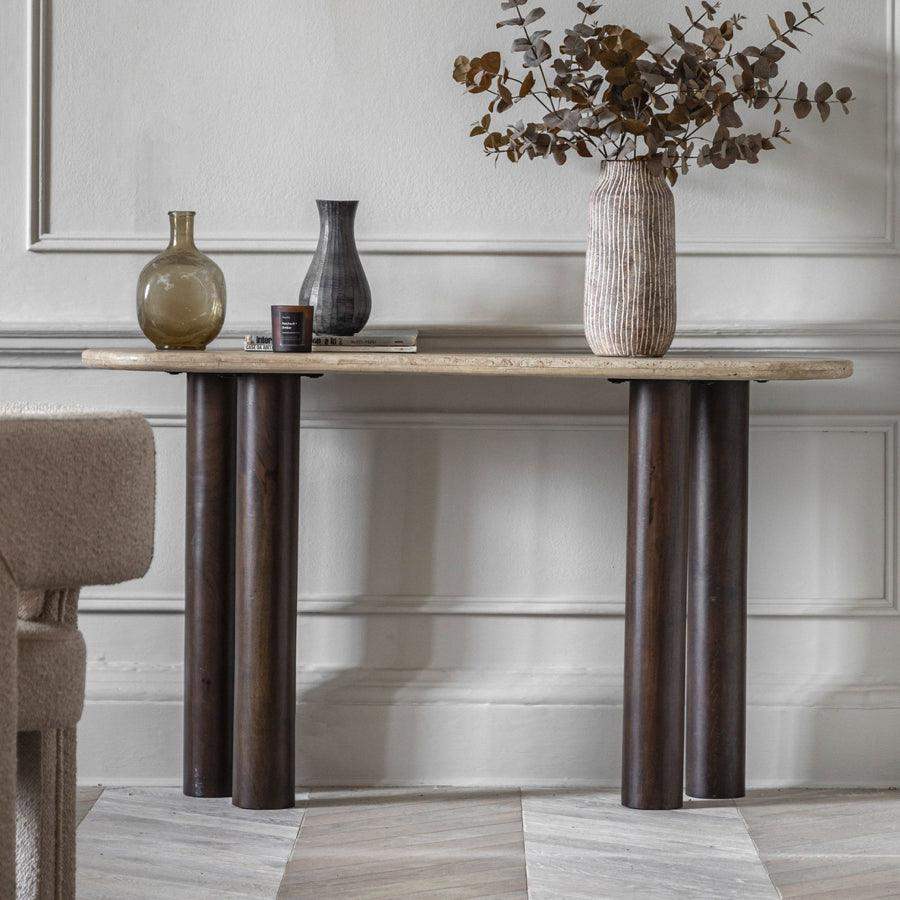 Mid Century Modern Inspired Console Table with Travertine Top - The Farthing