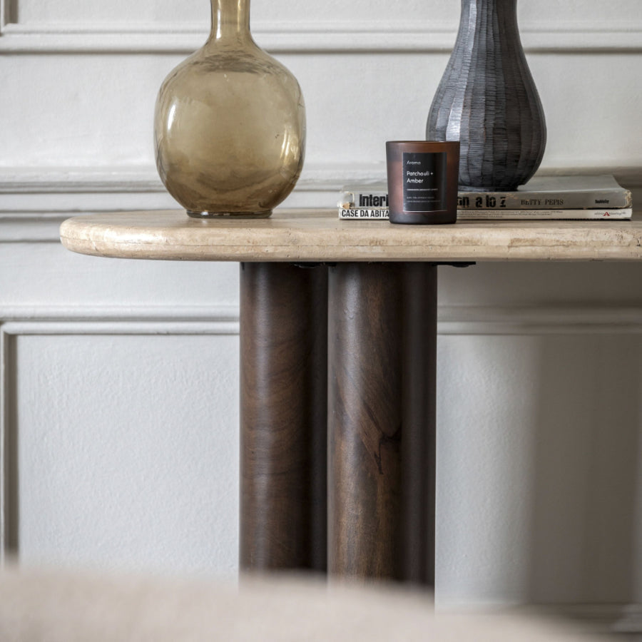 Mid Century Modern Inspired Console Table with Travertine Top - The Farthing