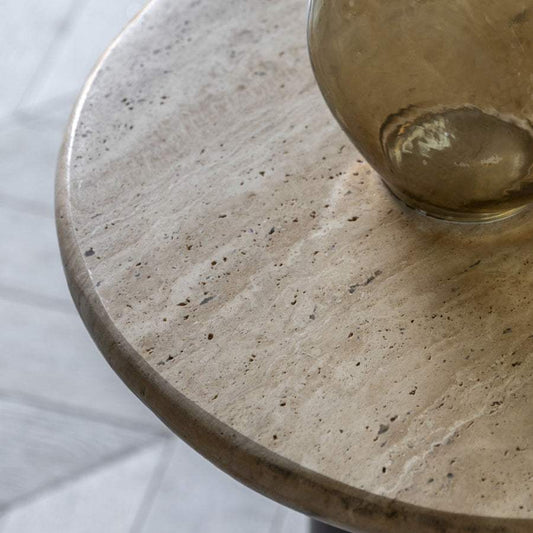 Mid Century Modern Inspired Side Table with Travertine Top - The Farthing