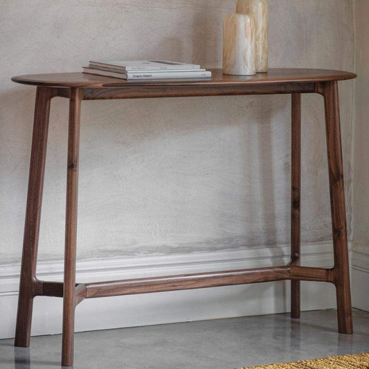 Mid Century Rounded Edge Dark Wood Console Table - The Farthing