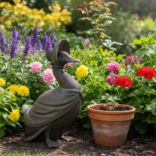 Garden statue of a bird with a hat among colorful flowers and plants
