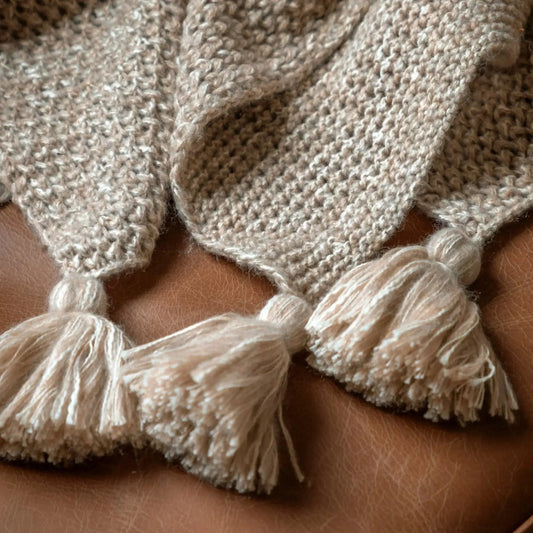 Natural Beige Knitted Tassel Throw - The Farthing