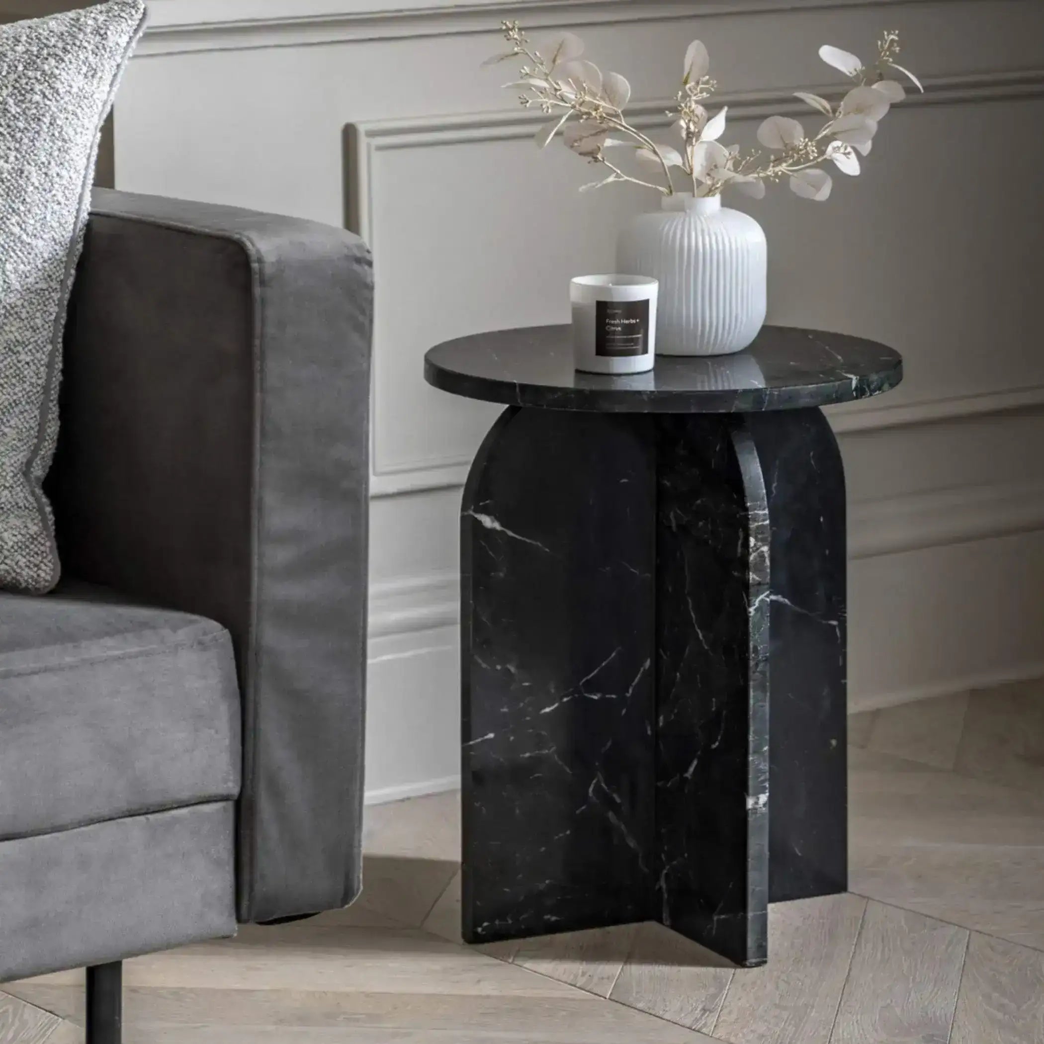 Natural Round Black Marble Side Table