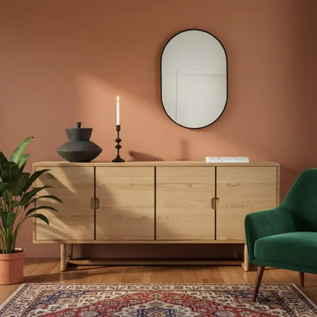 Wooden sideboard with decorative items against a pink wall, green armchair, and patterned rug.