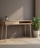Wooden desk with a plant in a minimalistic room