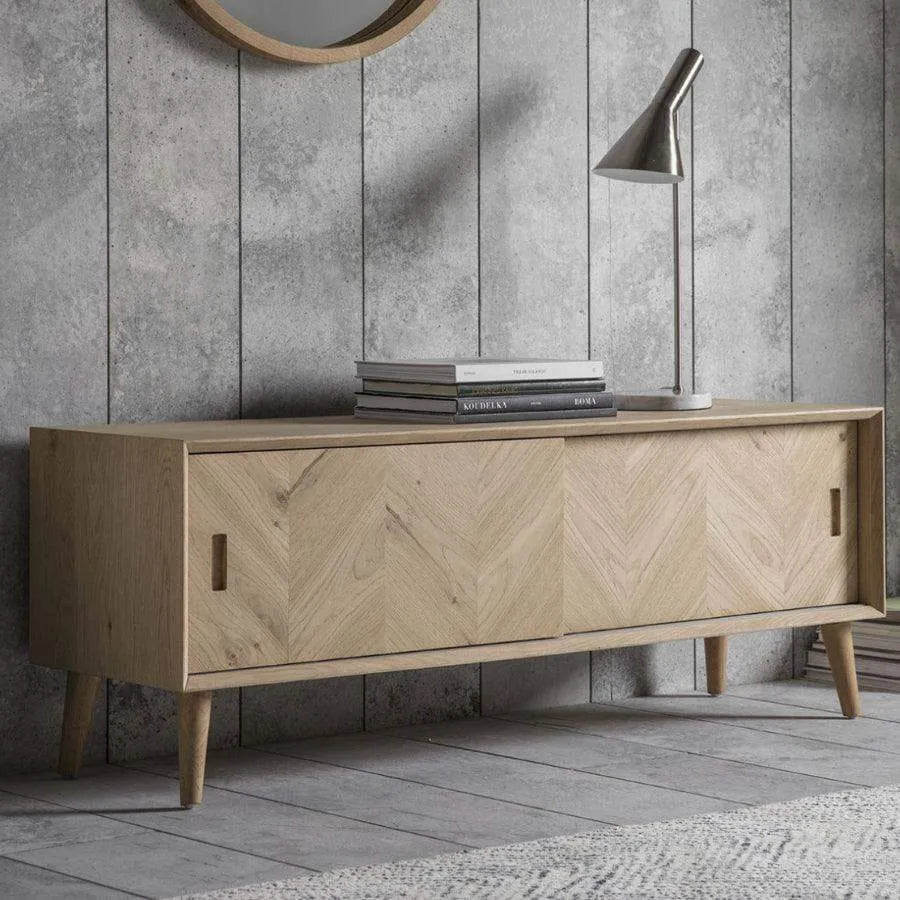 Oak Chevron Fronted 2 Door Media Unit - The Farthing