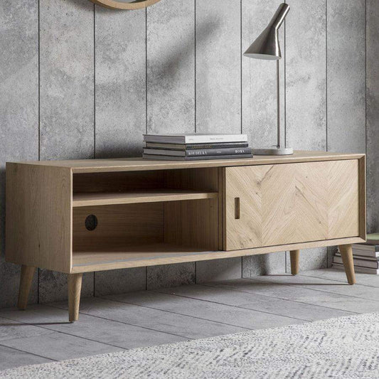 Oak Chevron Fronted 2 Door Media Unit - The Farthing