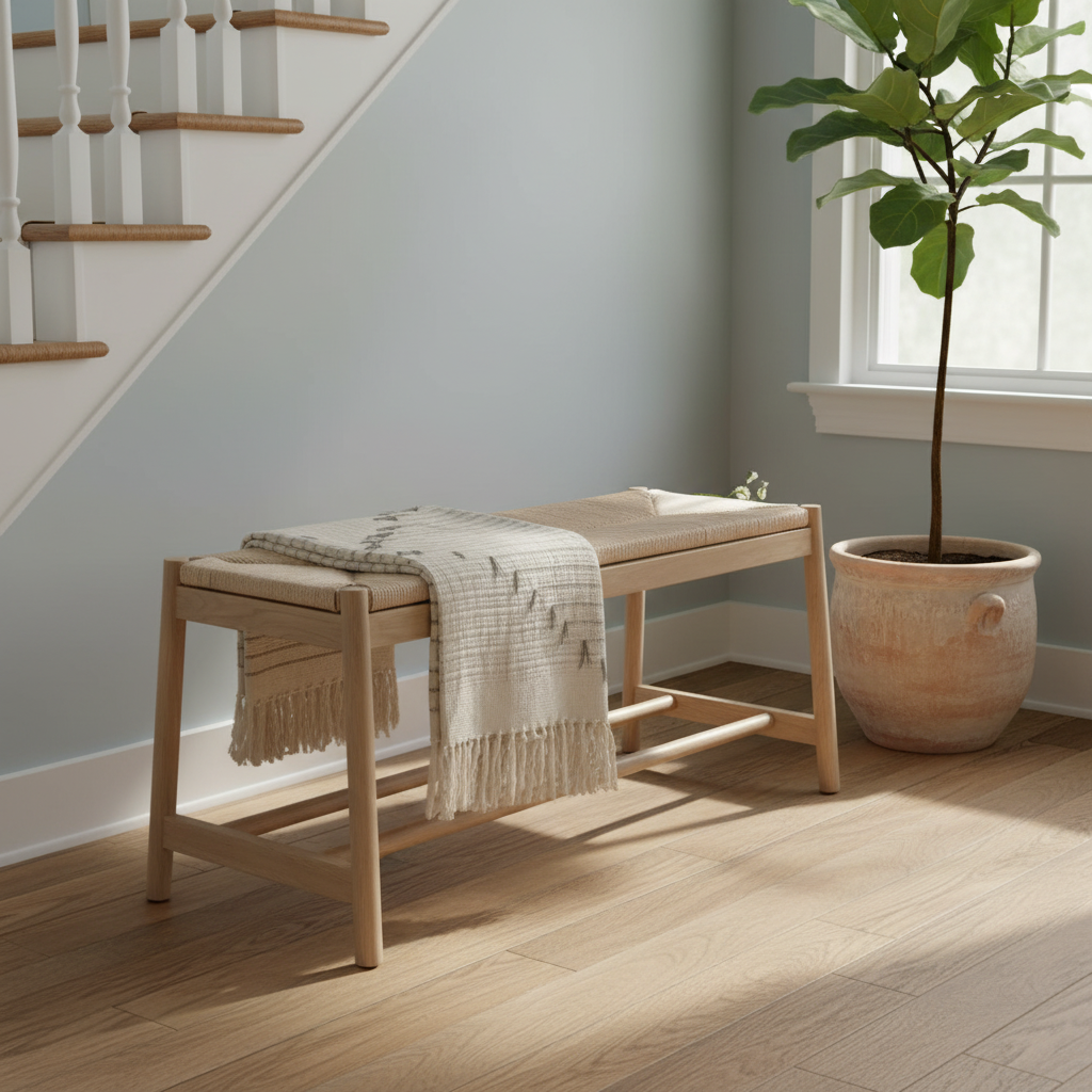 Oak Farmhouse Woven Rope Top Bench