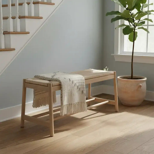 Oak Farmhouse Woven Rope Top Bench