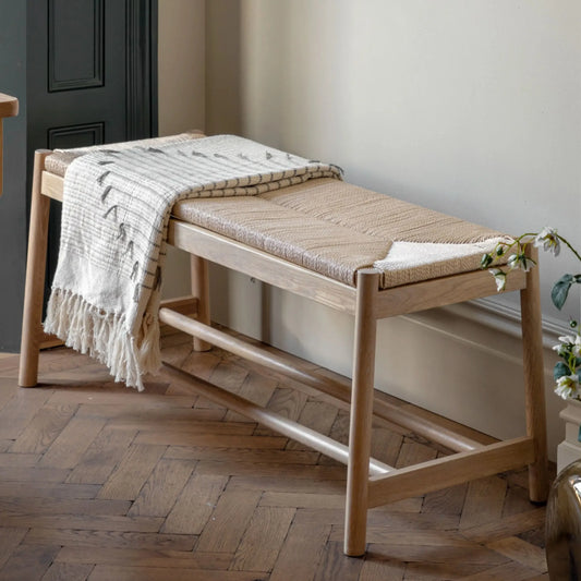 Oak Farmhouse Woven Rope Top Bench - The Farthing