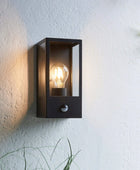 Outdoor Matt Black Box Lantern Wall Light with PIR Sensor - The Farthing