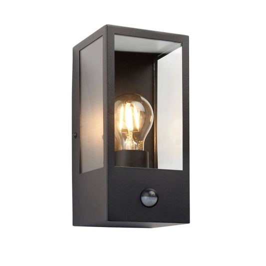 Outdoor Matt Black Box Lantern Wall Light with PIR Sensor - The Farthing