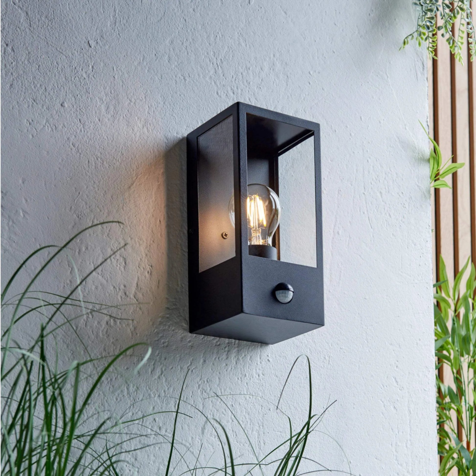 Outdoor Matt Black Box Lantern Wall Light with PIR Sensor - The Farthing