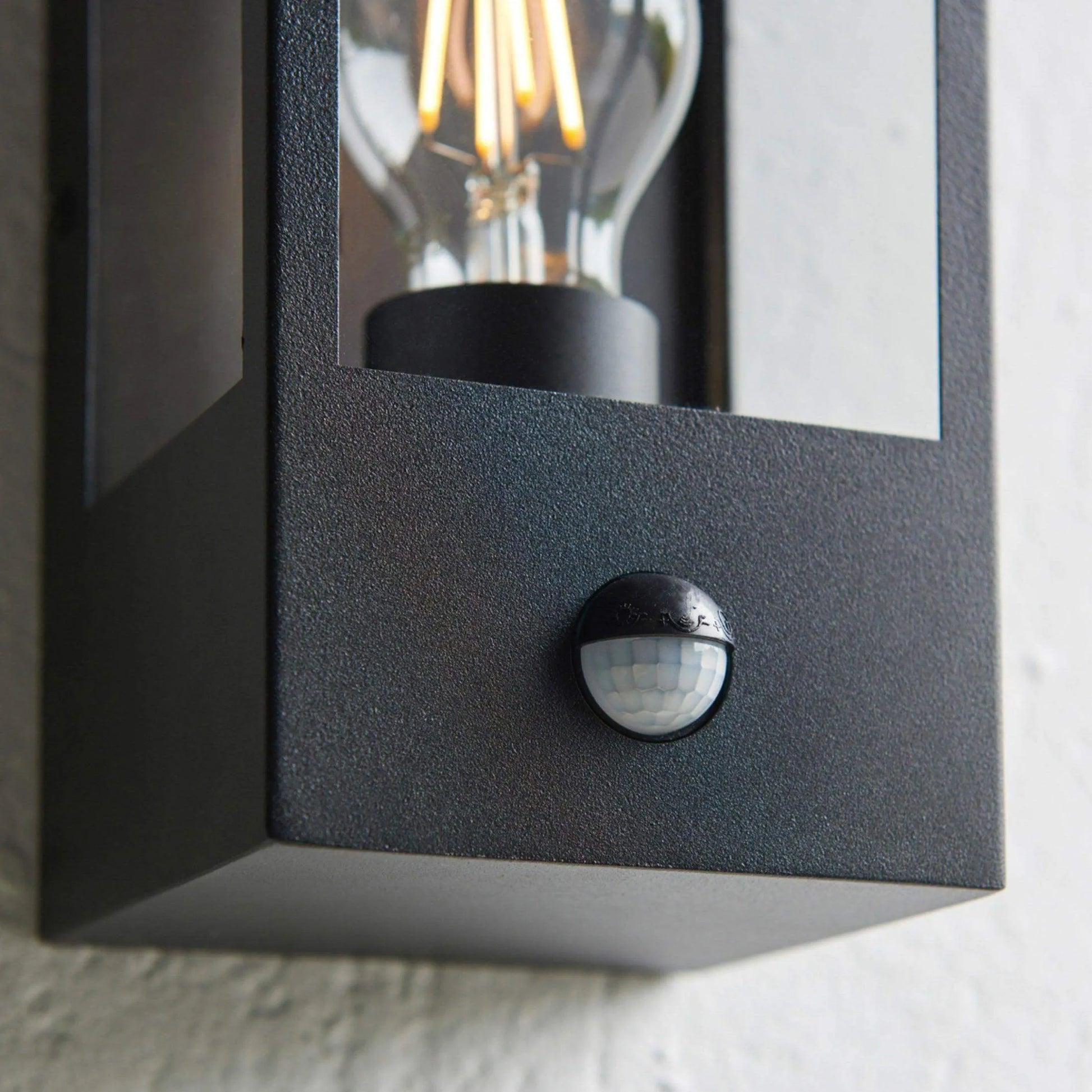 Outdoor Matt Black Box Lantern Wall Light with PIR Sensor - The Farthing