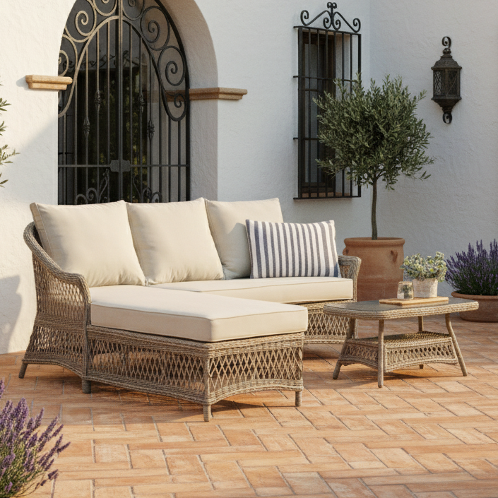 Outdoor patio set with wicker furniture and cushions on a tiled patio.