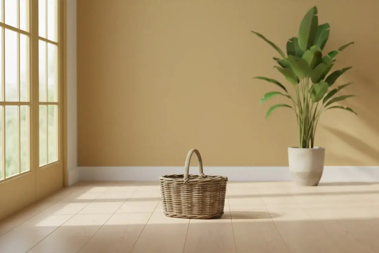 Wicker basket and potted plant on a wooden floor with a large window in a minimalistic room.