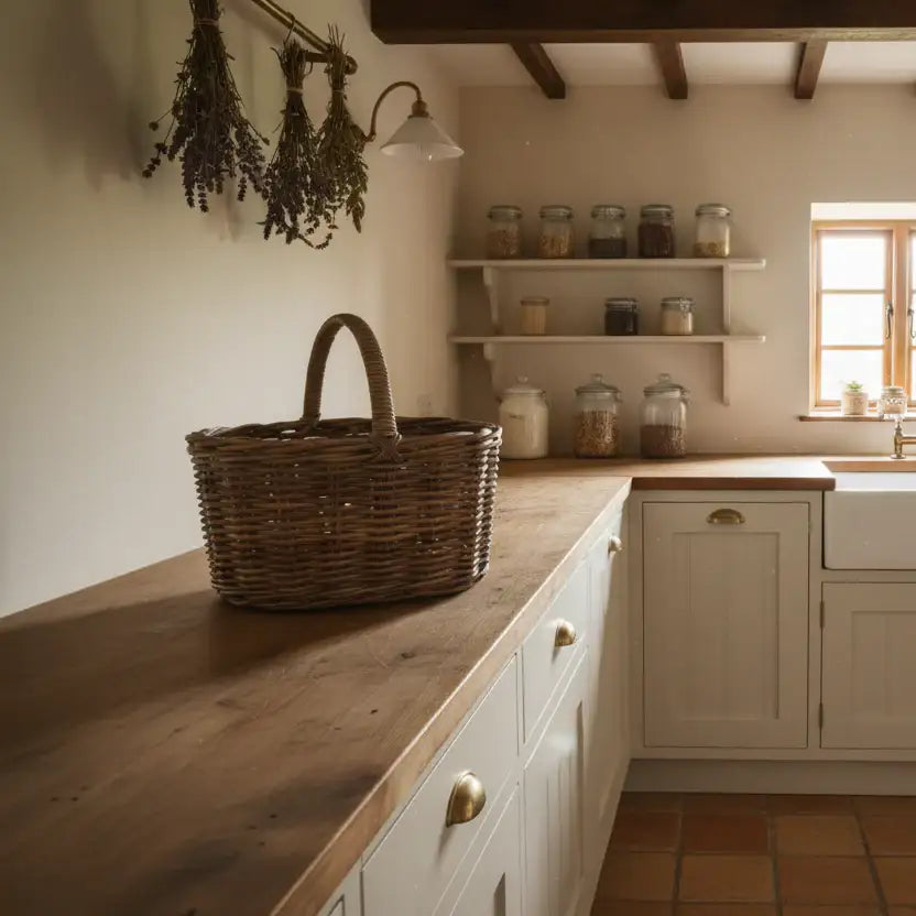 Kitchen with wooden countertop, wicker basket, and shelves with jars.