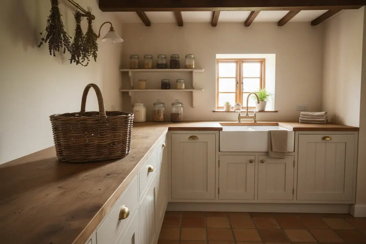 Narrow kitchen with wooden countertops, white cabinets, and a window.