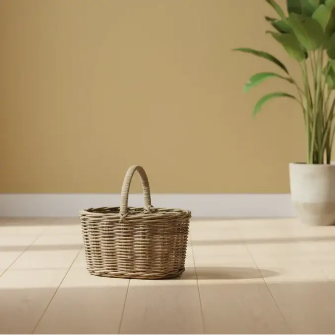 Wicker basket on a wooden floor with a plant in the background