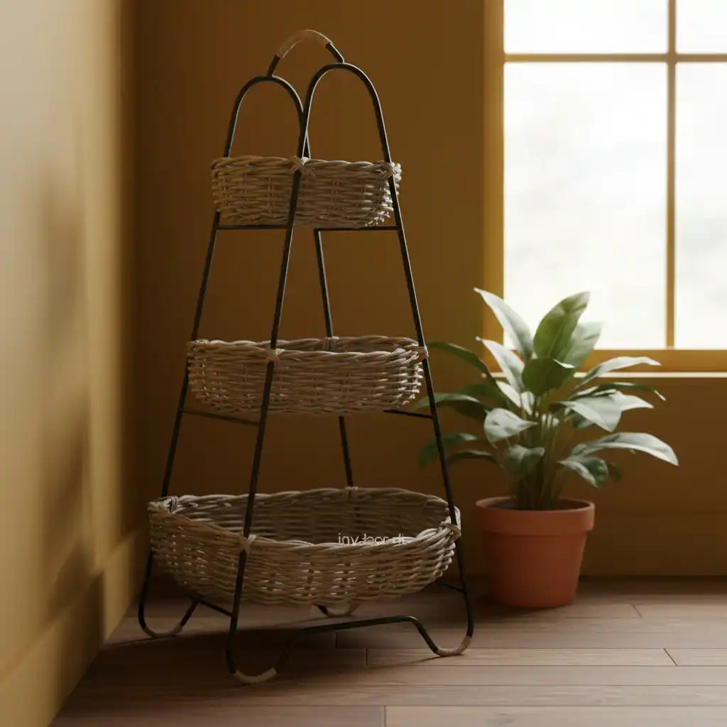 Three-tiered wicker basket stand against a yellow wall with a plant in the corner.