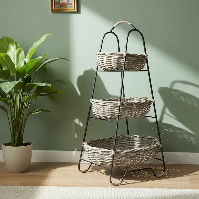 Three-tiered metal stand with wicker baskets against a green wall with a plant on the left.