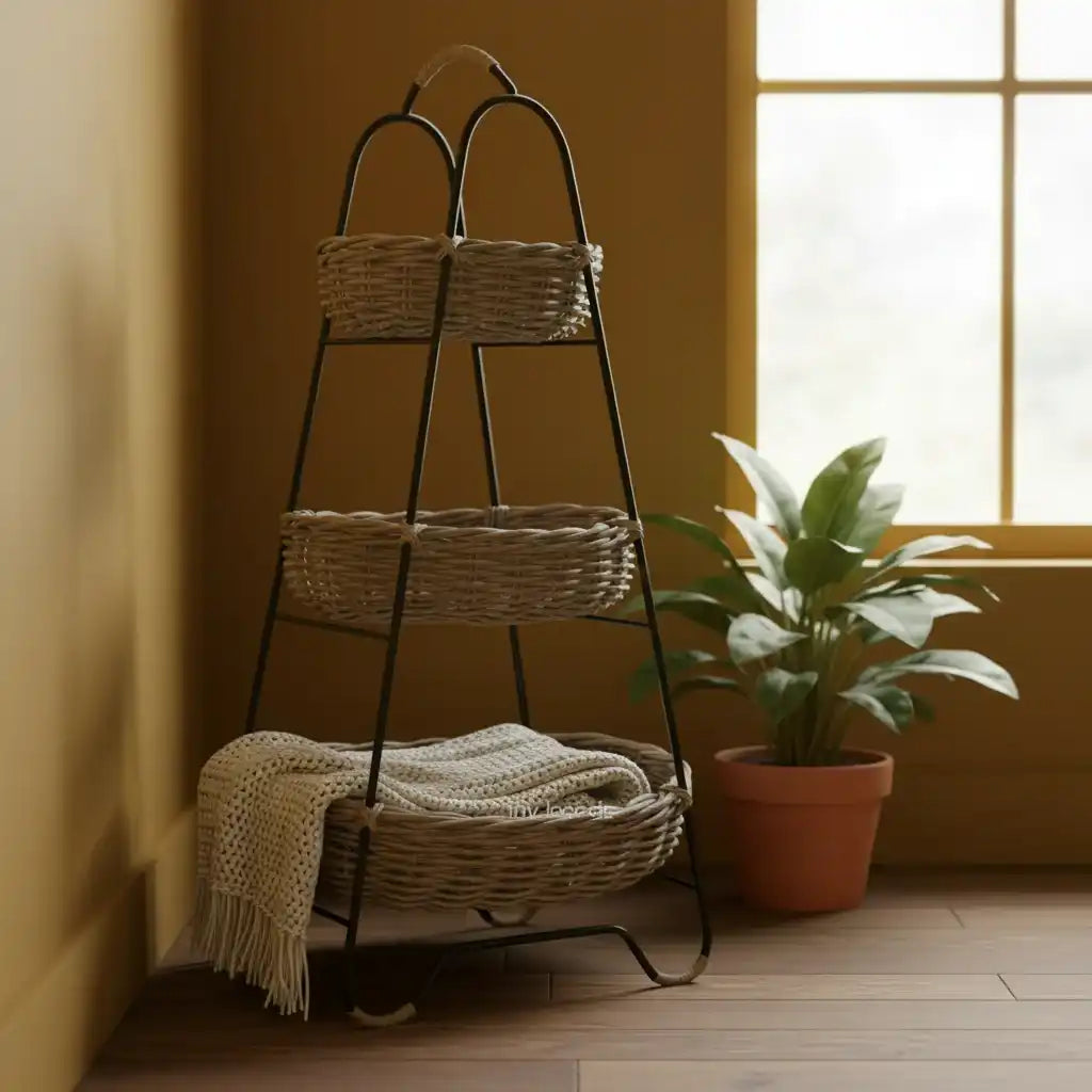 Three-tiered woven basket stand with a blanket against a yellow wall with a window.