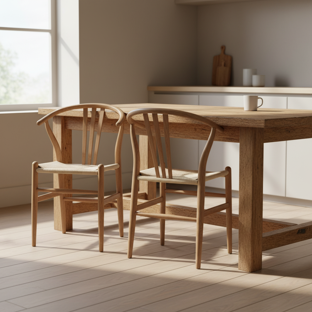 Wooden dining table with chairs in a bright room