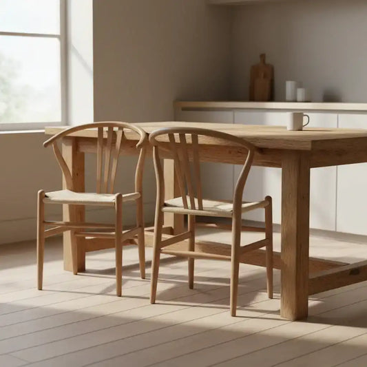 Wooden dining table with chairs in a bright room