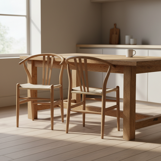 Wooden dining table with chairs in a bright room